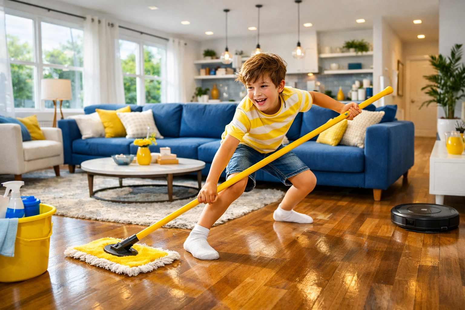 A happy child playing and mopping floors during a fun home cleaning dance party.