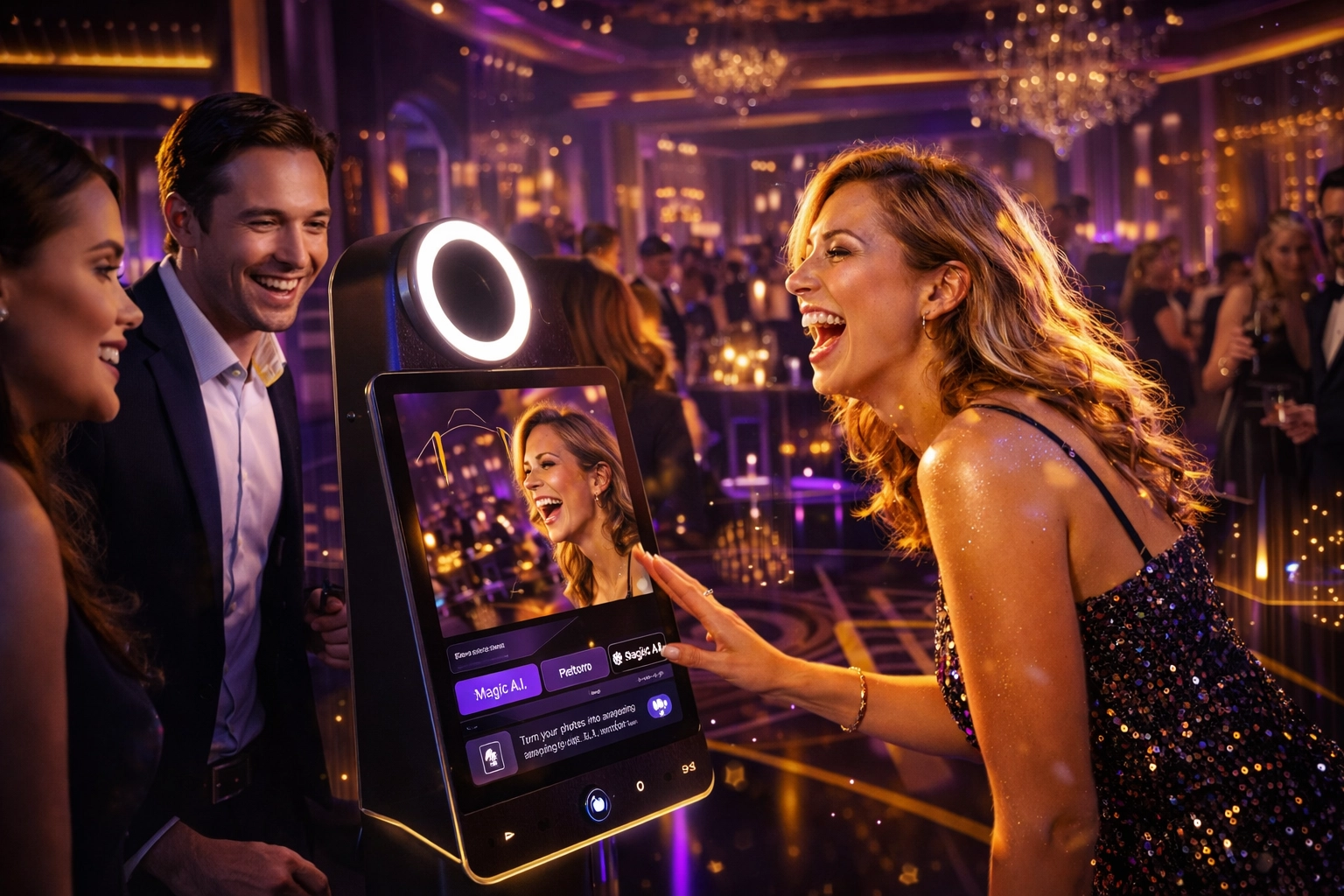 Guest engaging with AI-powered photo booth at luxury Las Vegas brand activation event