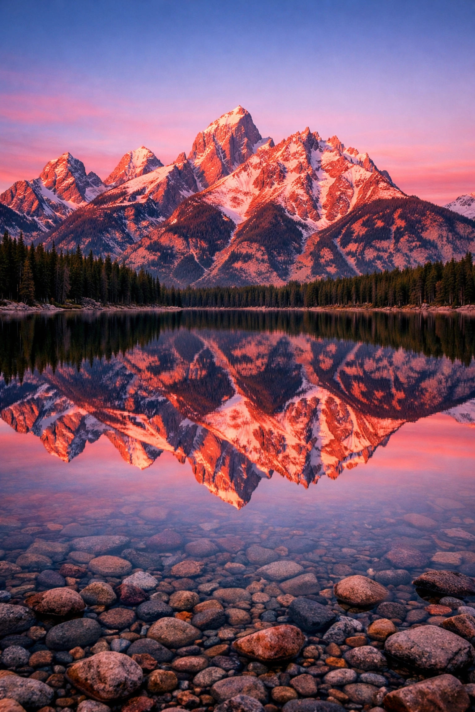 Golden hour alpenglow reflecting on a calm alpine lake in landscape photography.