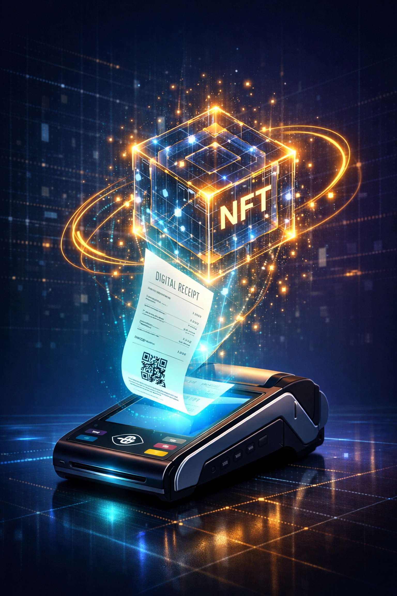 Digital receipt transforming into NFT token above payment terminal, representing Larecoin's immutable blockchain records