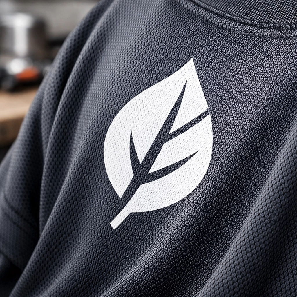 Durable screen printing on a moisture-wicking work shirt designed for professional landscaping crews.