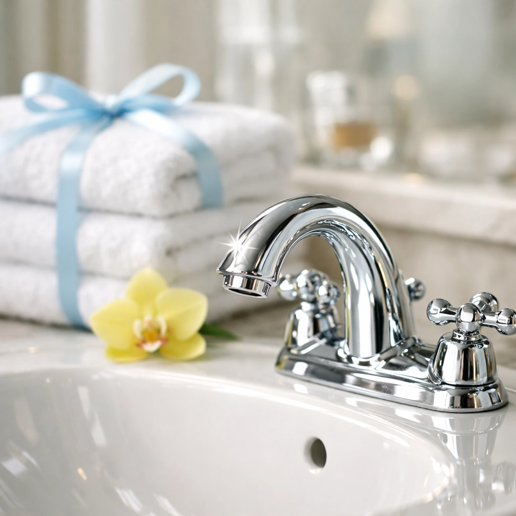 Sparkling clean bathroom sink with a streak-free shine from a professional house cleaning service.