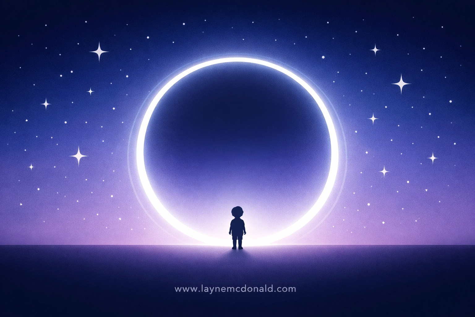 Silhouette of a child leader standing before a cosmic space portal, illustrating spiritual purpose and humility.