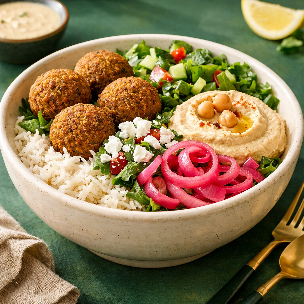Healthy Mediterranean rice bowl with falafel and hummus, a top gyro alternative in Portland.