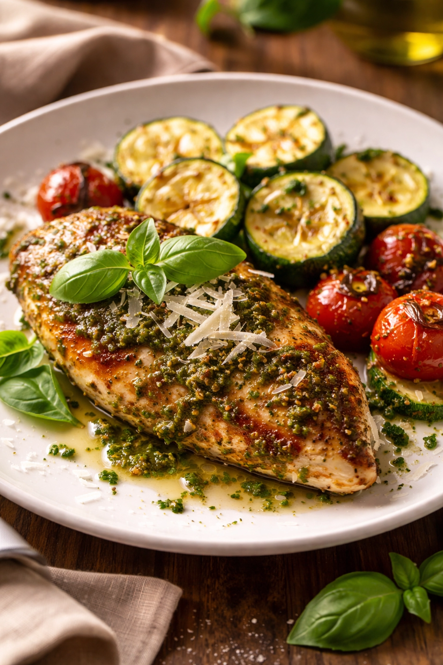 Roasted pesto chicken and veggies