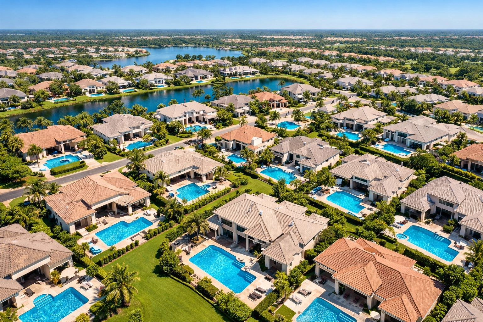 Aerial drone view of residential pool routes for sale in the hot markets of Texas, Florida, and California.