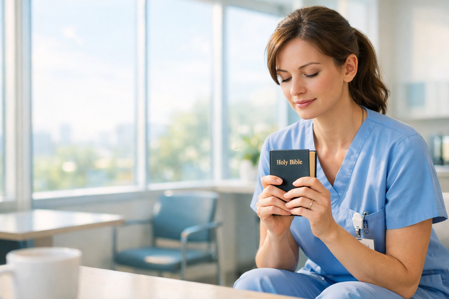 Healthcare worker reading a pocket Bible in a breakroom for a daily spiritual micro-study.