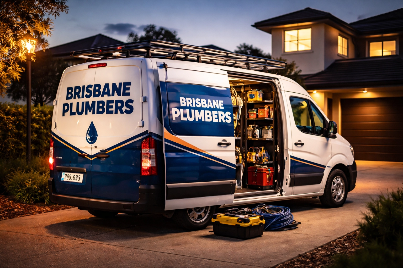 Brisbane plumber's van parked in a suburban driveway at dusk, ready for emergency plumbing calls