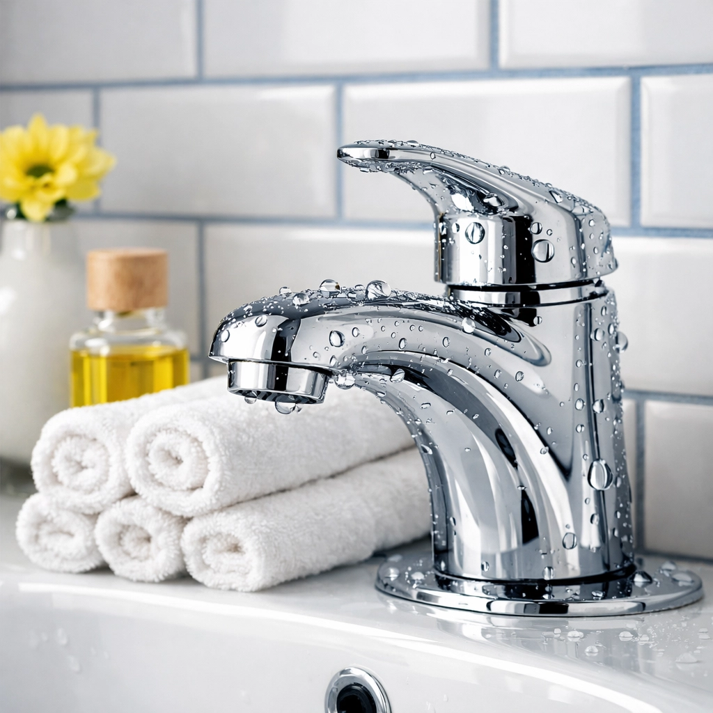 Spotless bathroom vanity and chrome faucet following a professional bi-weekly house cleaning visit in Massachusetts.
