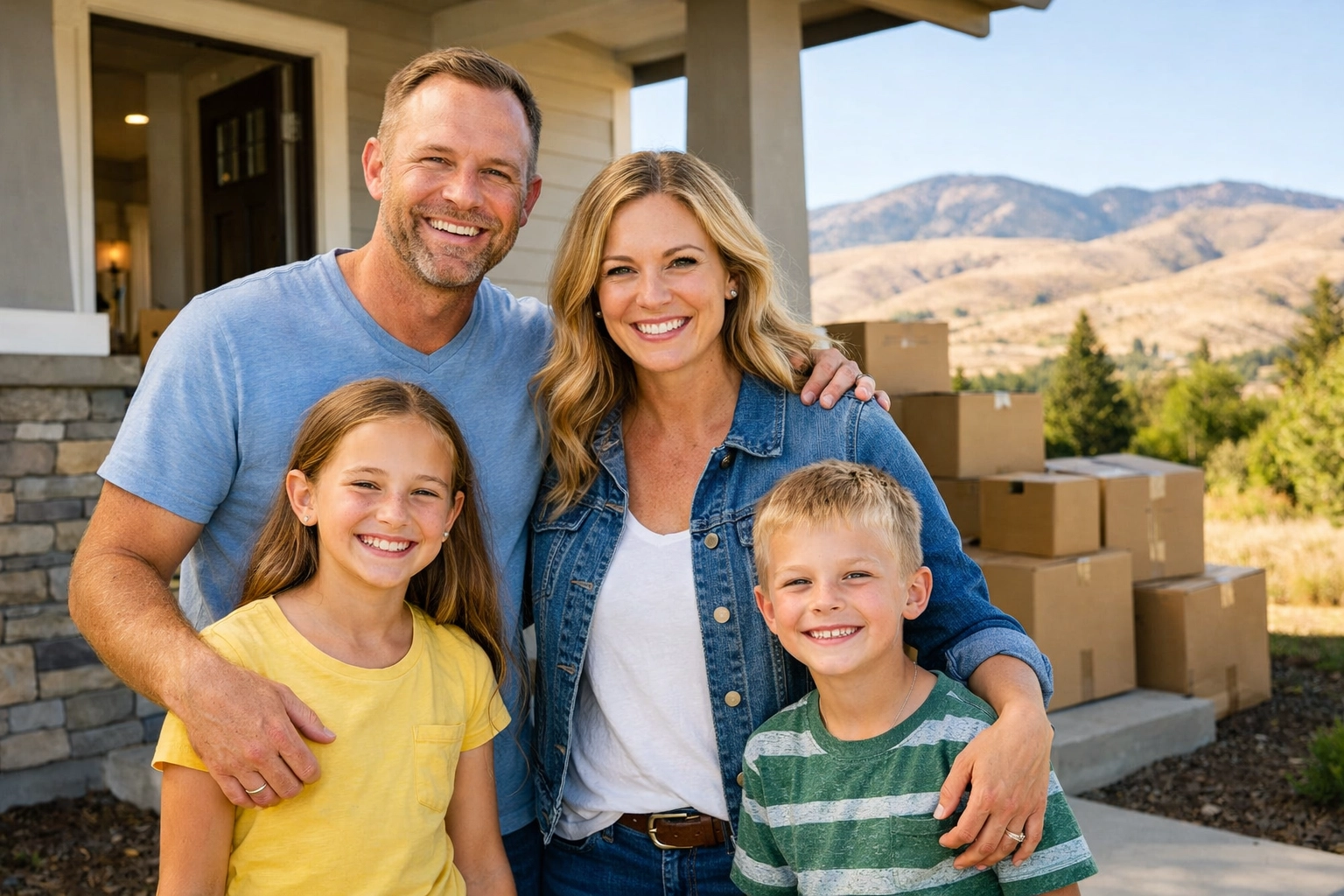 Happy family standing in front of their new Boise home after successful relocation