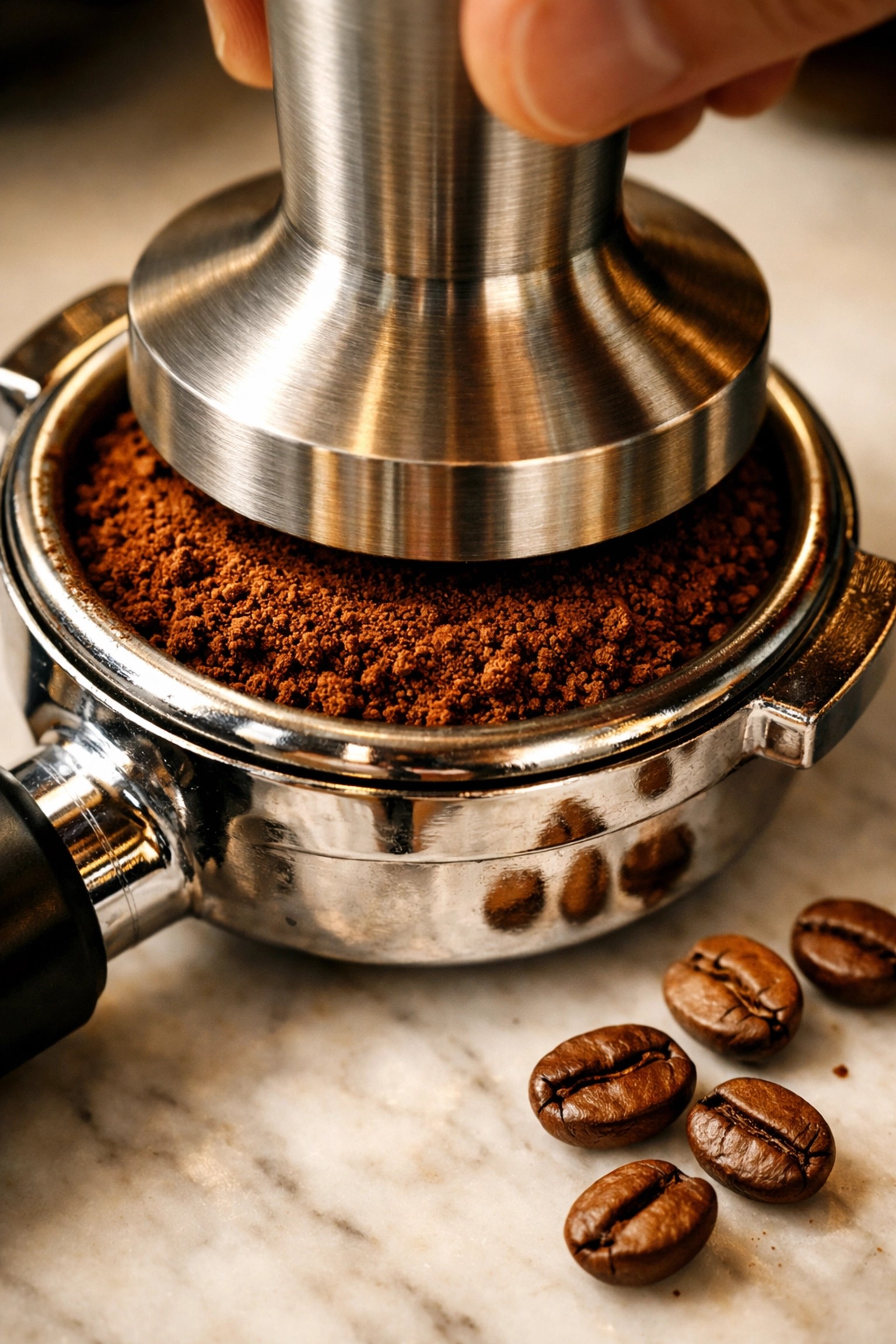 A metal coffee tamper pressing freshly ground specialty coffee in a portafilter on marble.