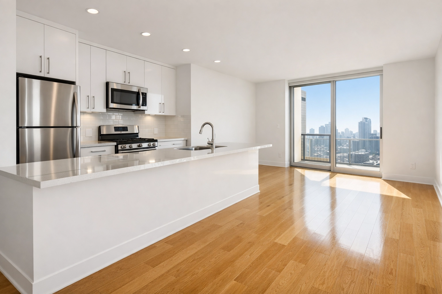 Spotless modern apartment kitchen with stainless steel appliances after professional move-out cleaning services.
