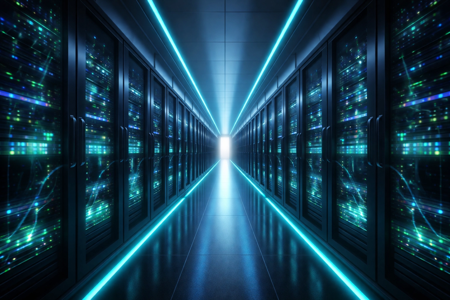 Modern server room with illuminated racks and fiber optic cables, representing advanced IT infrastructure