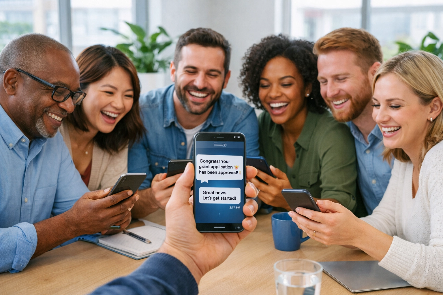 Nonprofit team reviewing SMS fundraising text messages on smartphones in modern office