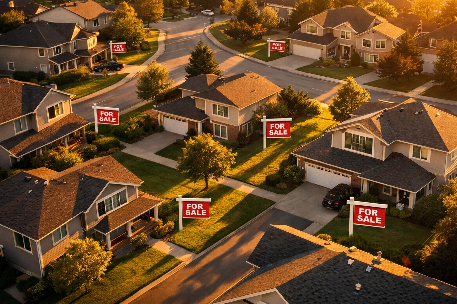 Suburban neighborhood with multiple For Sale signs showing increased housing inventory in 2026 buyer's market