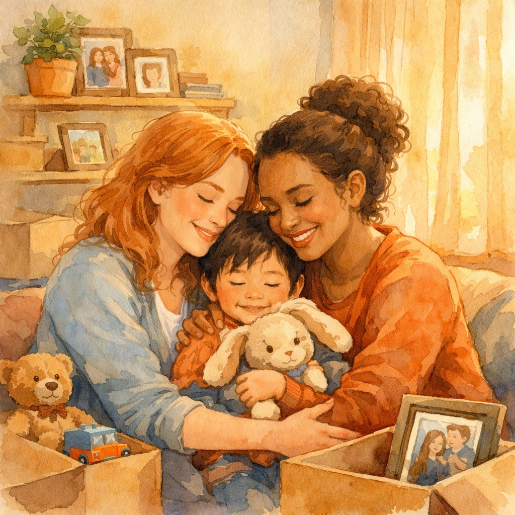 Lesbian couple embracing adopted child in new family home