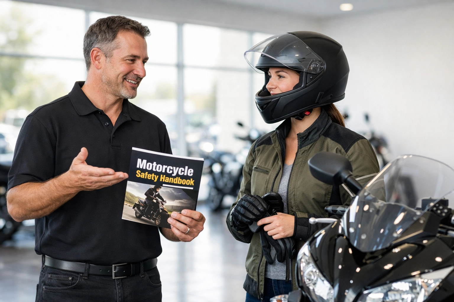 Ride Fear Free instructor providing DOT certified motorcycle safety training to a new buyer at a dealership.