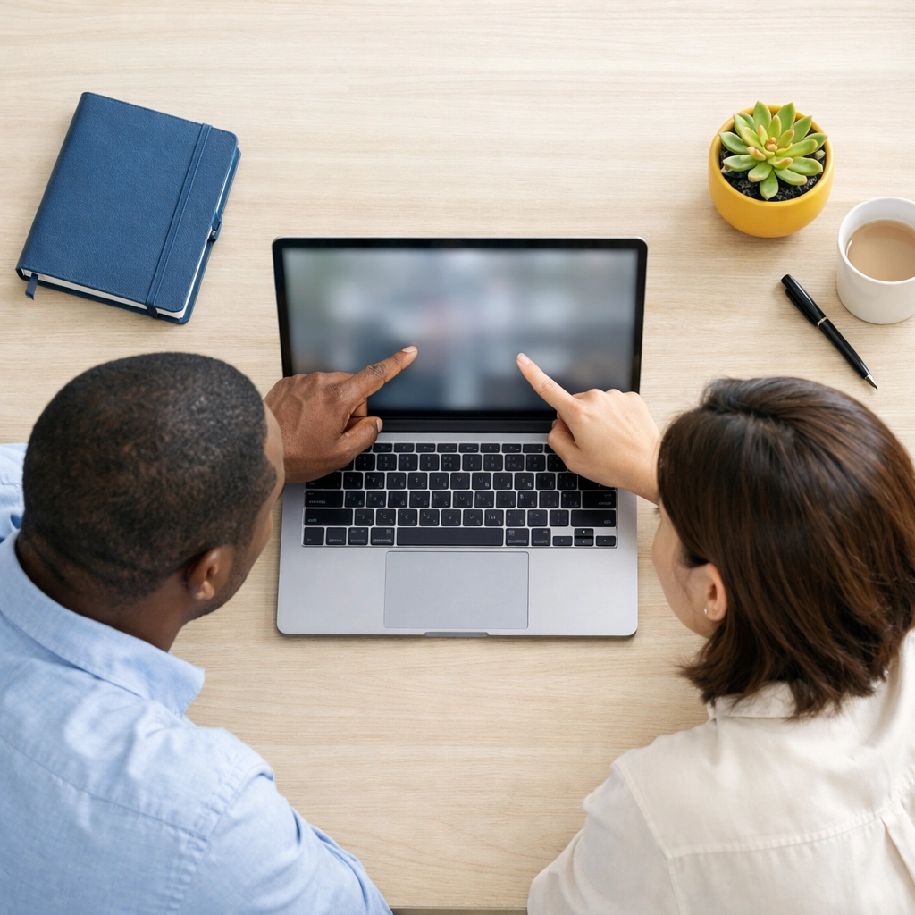 Fundraising team collaborating on a personalized donor strategy using AI-powered predictive analytics on a laptop.