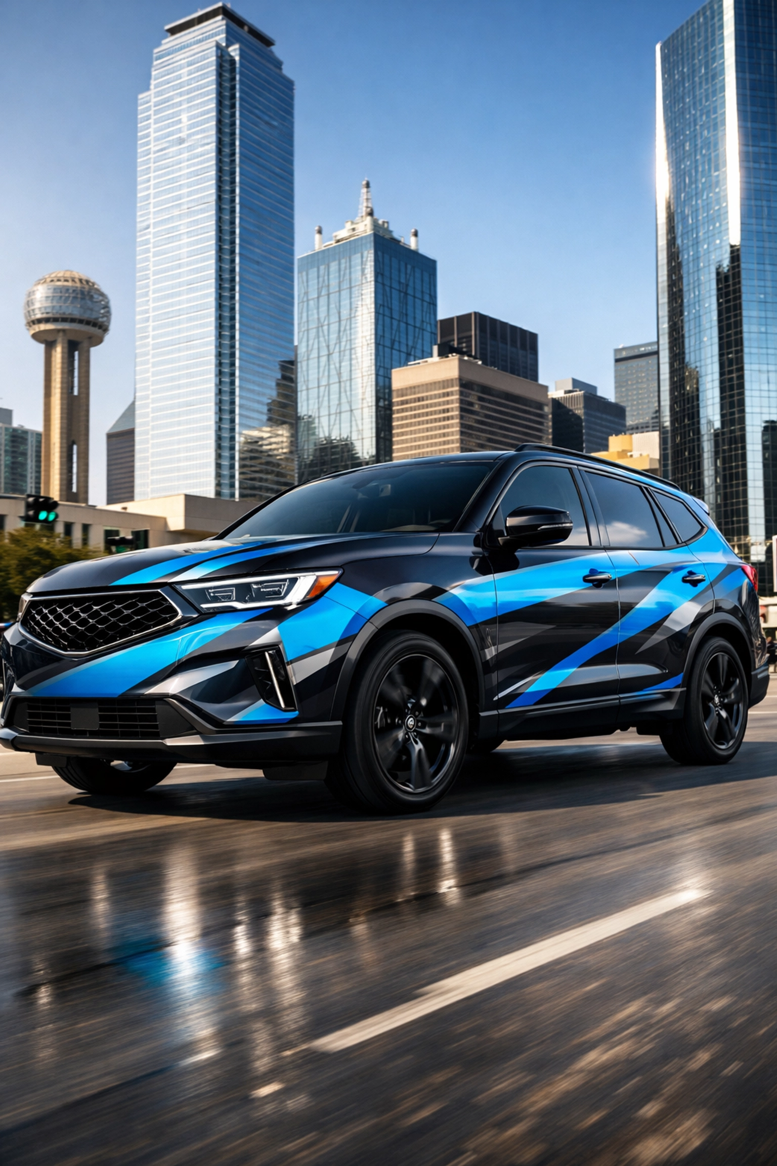 Custom vinyl vehicle wrap on a modern SUV in Dallas DFW, showcasing professional mobile brand visibility.
