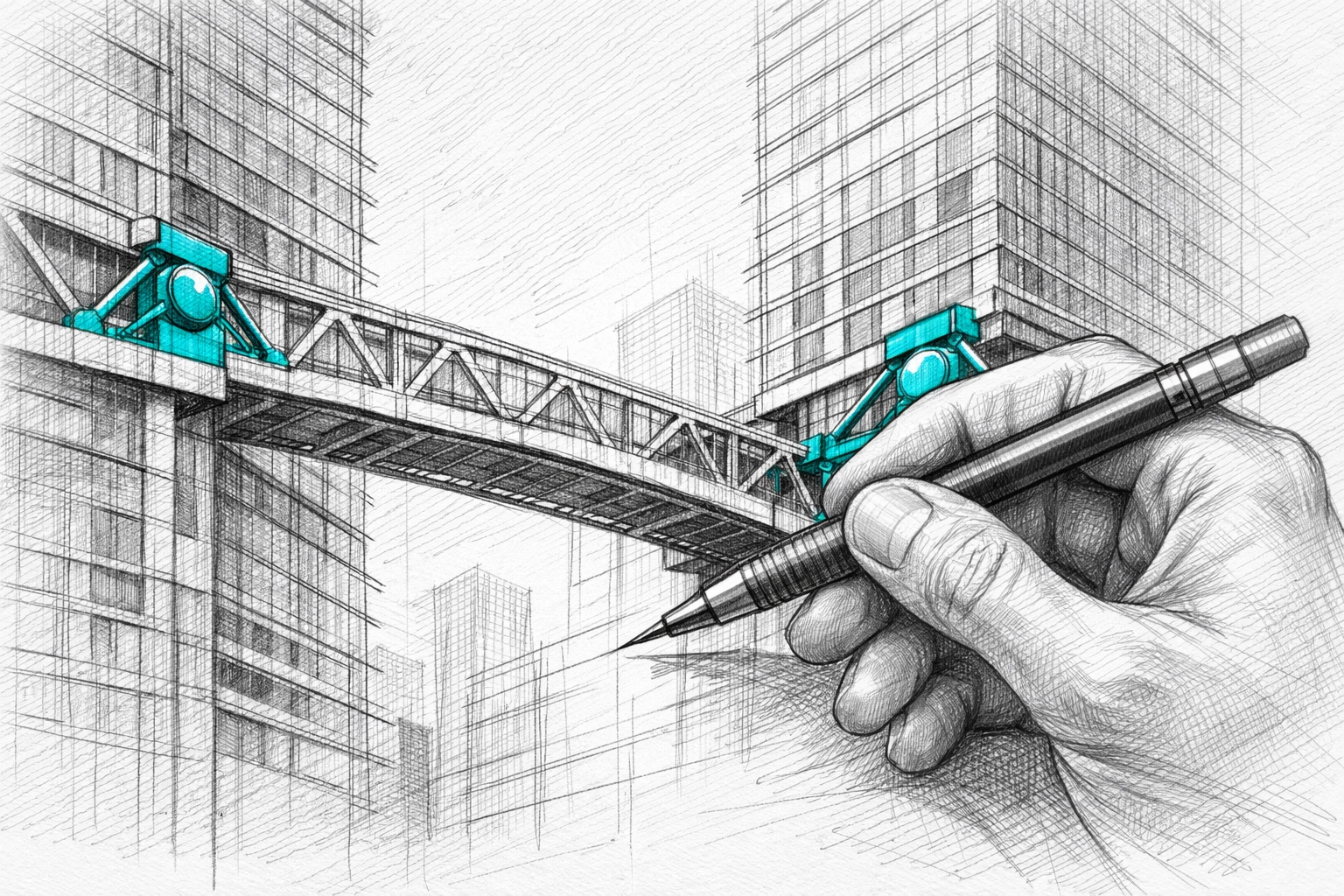 Architectural pencil sketch of a hand drawing a bridge between buildings, representing brand connection.