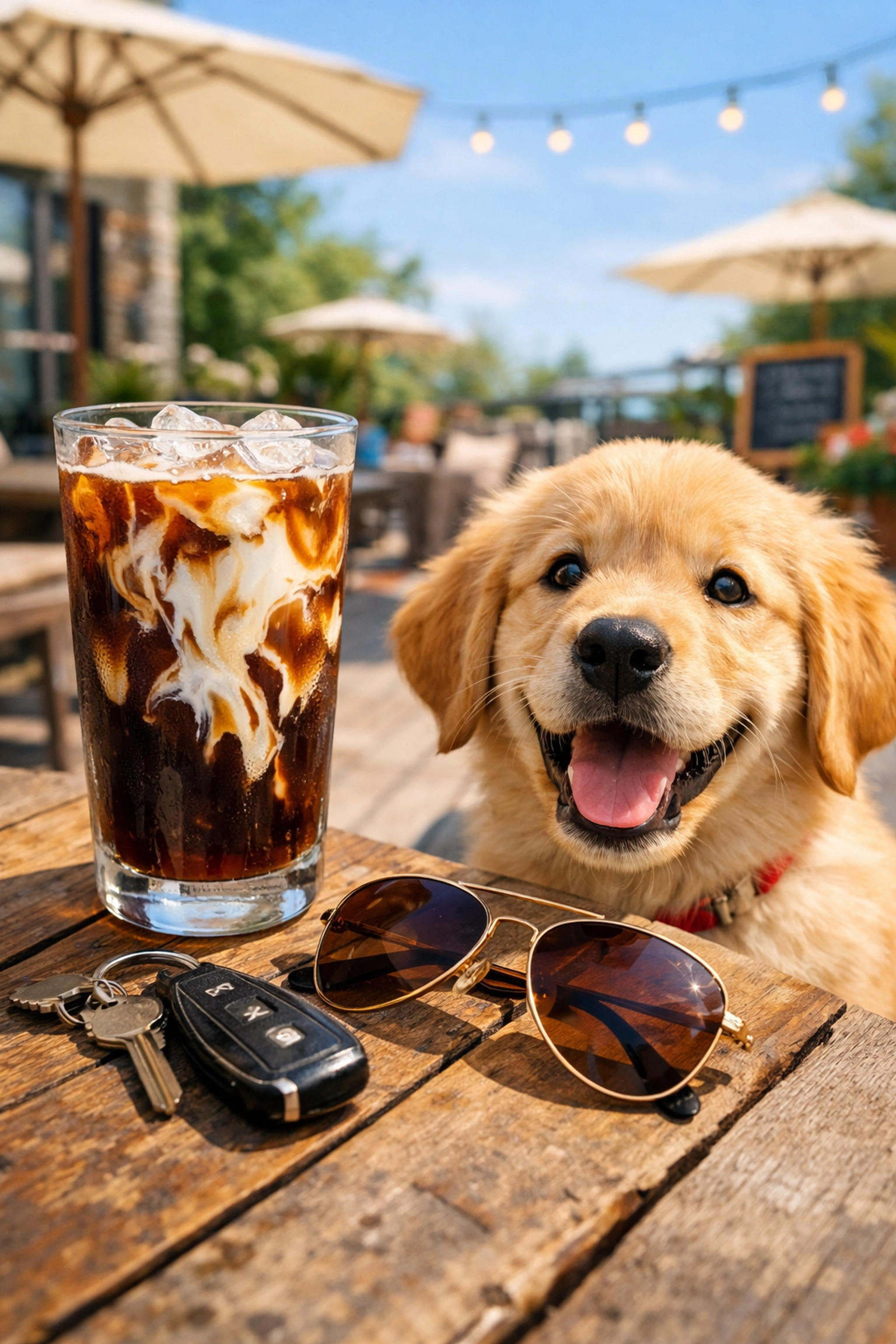 Refreshing iced coffee and a puppy on a pet-friendly patio after a Lee's Summit house tour.