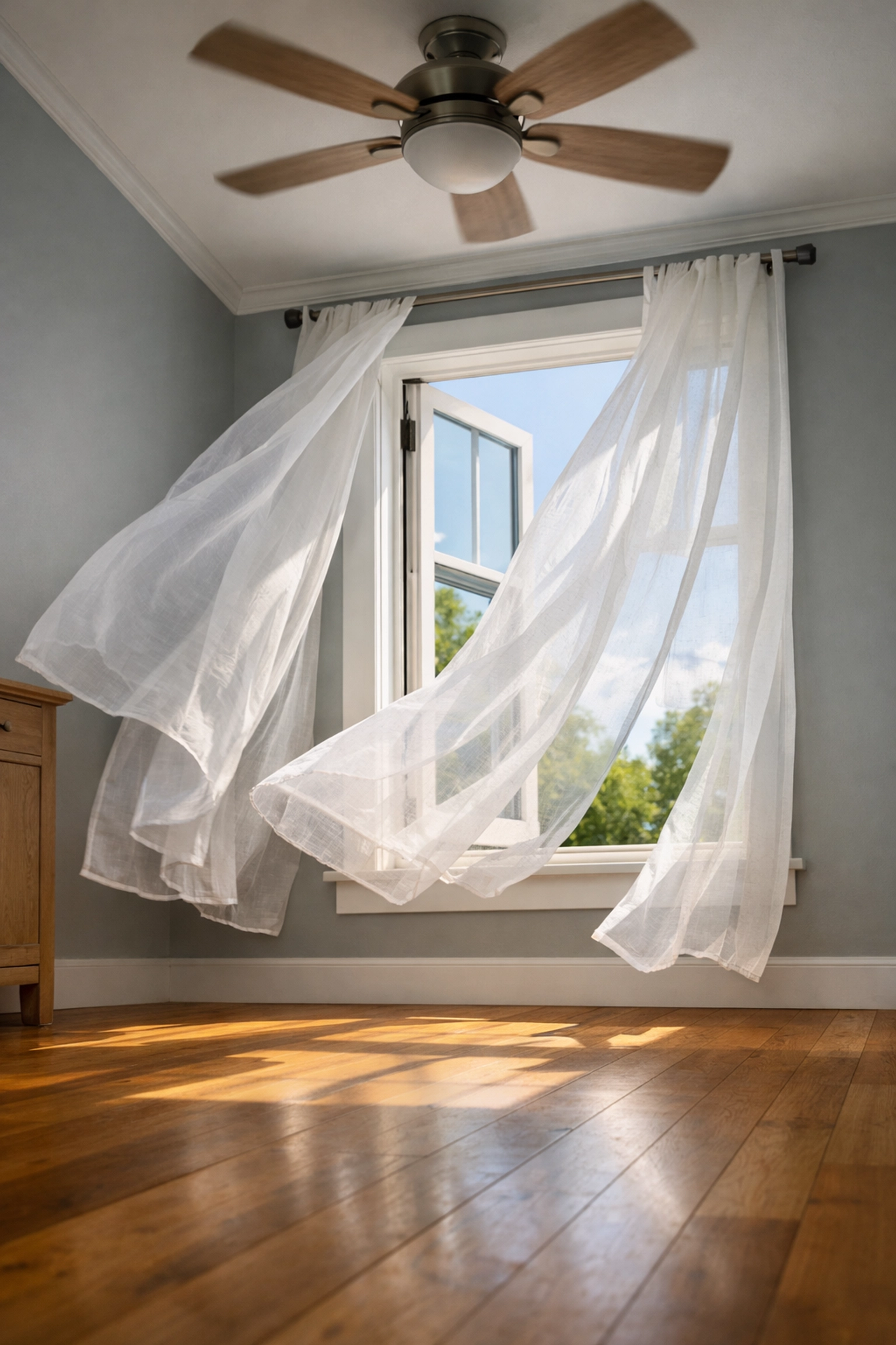 Open window with curtains allowing fresh air circulation in home