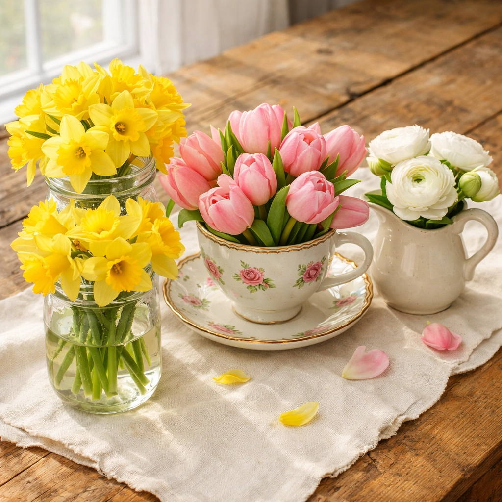 Budget-friendly spring flower arrangements in mason jars and vintage containers on rustic table