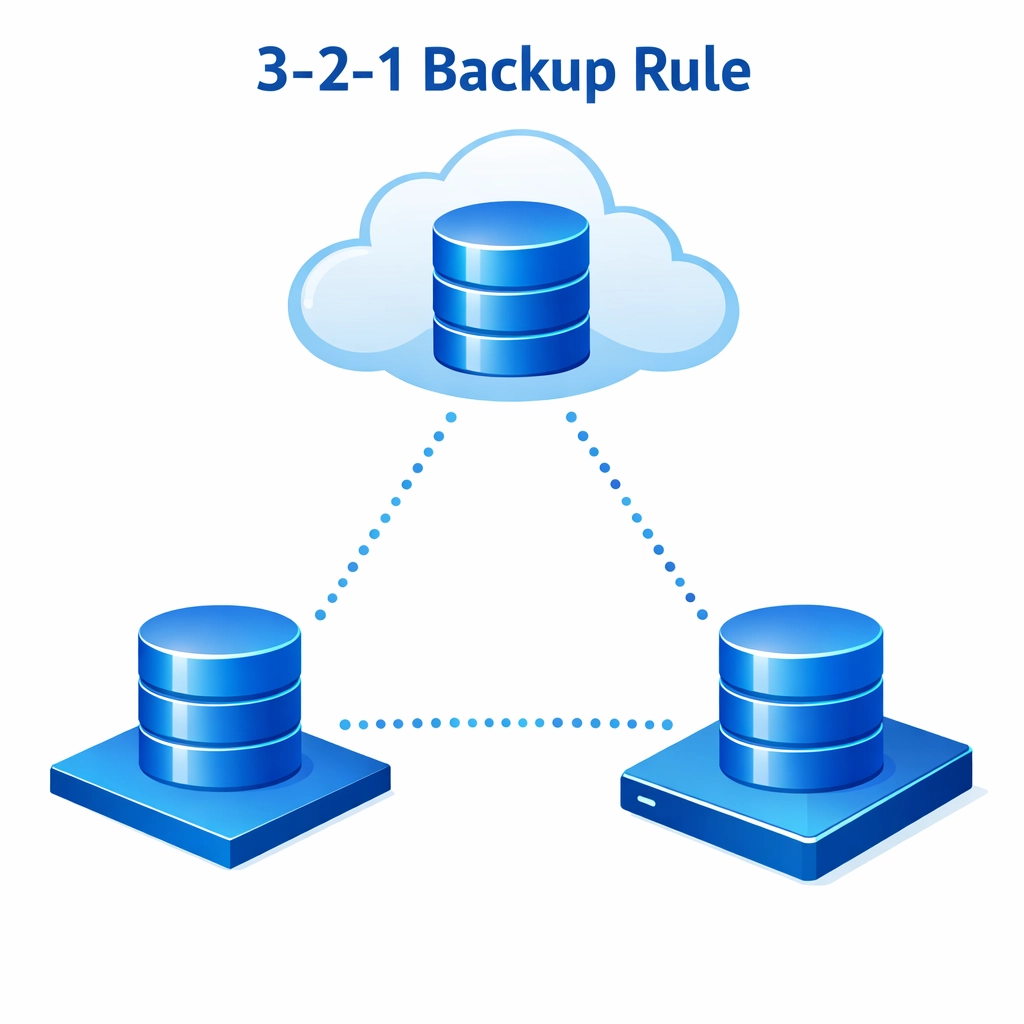 3-2-1 backup rule illustration showing multiple data copies on different storage media
