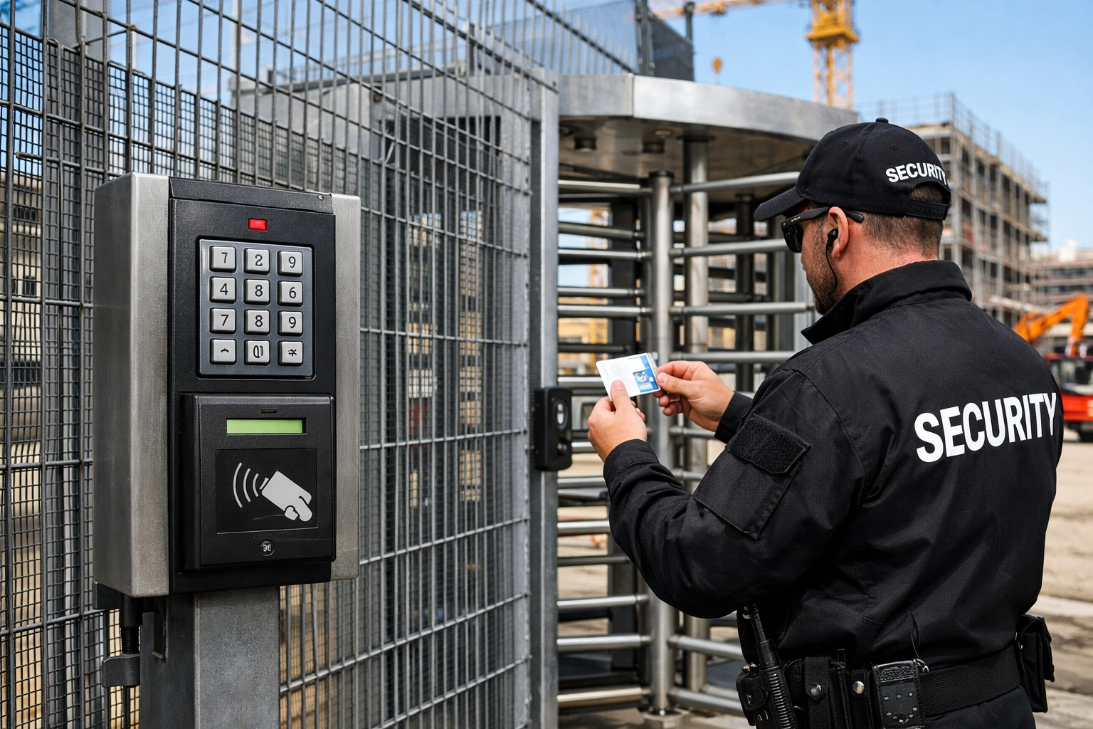 Security guard checking credentials at construction site entrance with electronic access control gate