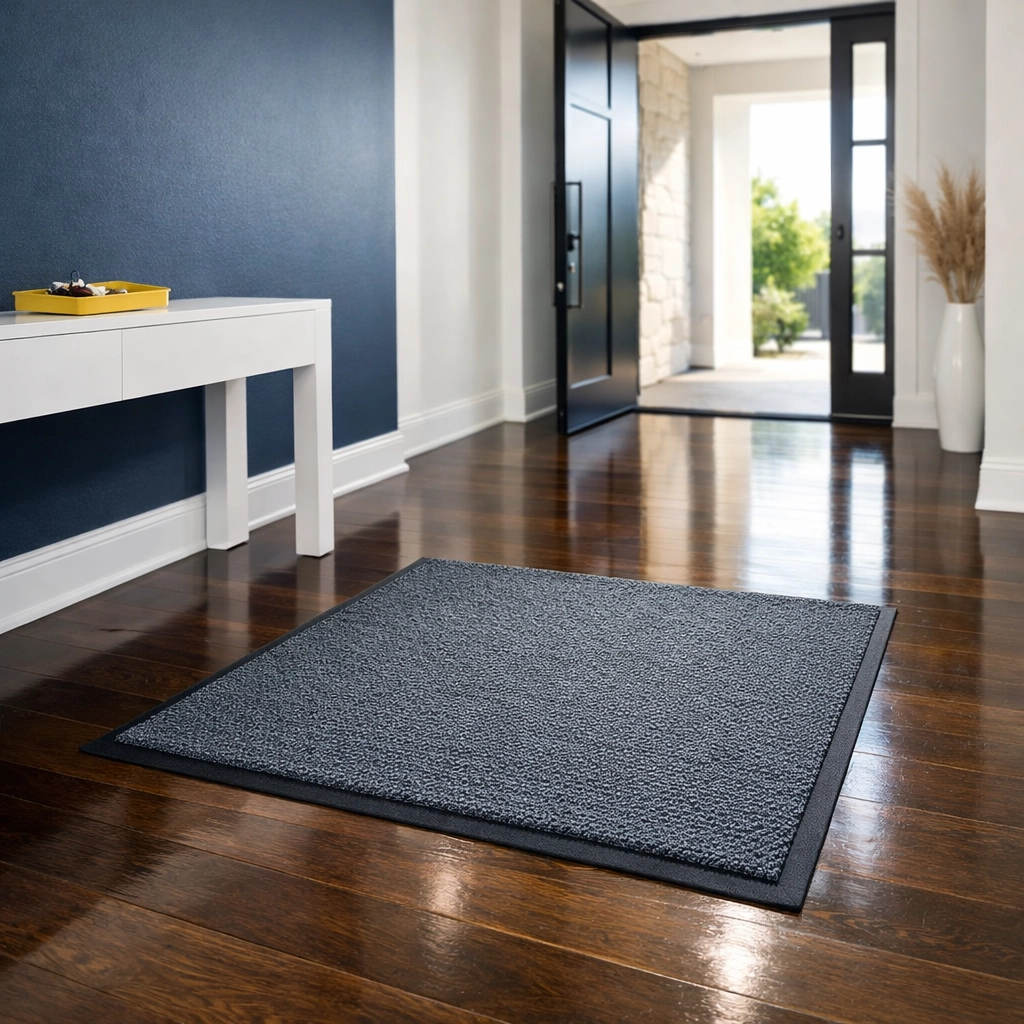 Spotless residential entryway with clean hardwood floors and a professional indoor mat.
