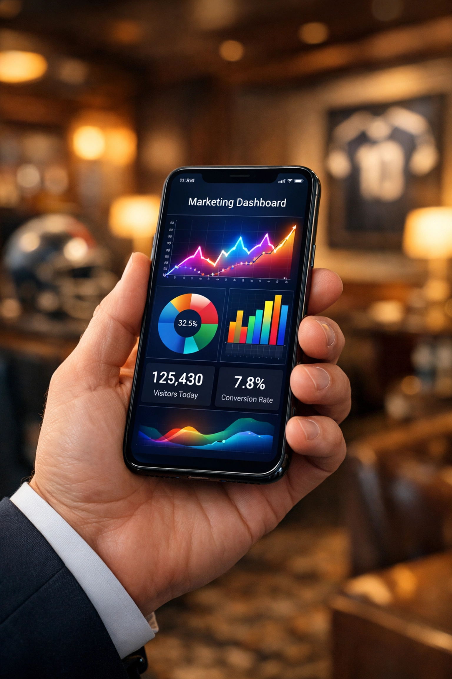 Executive holding a smartphone with data analytics dashboard representing Super Bowl digital marketing strategy.