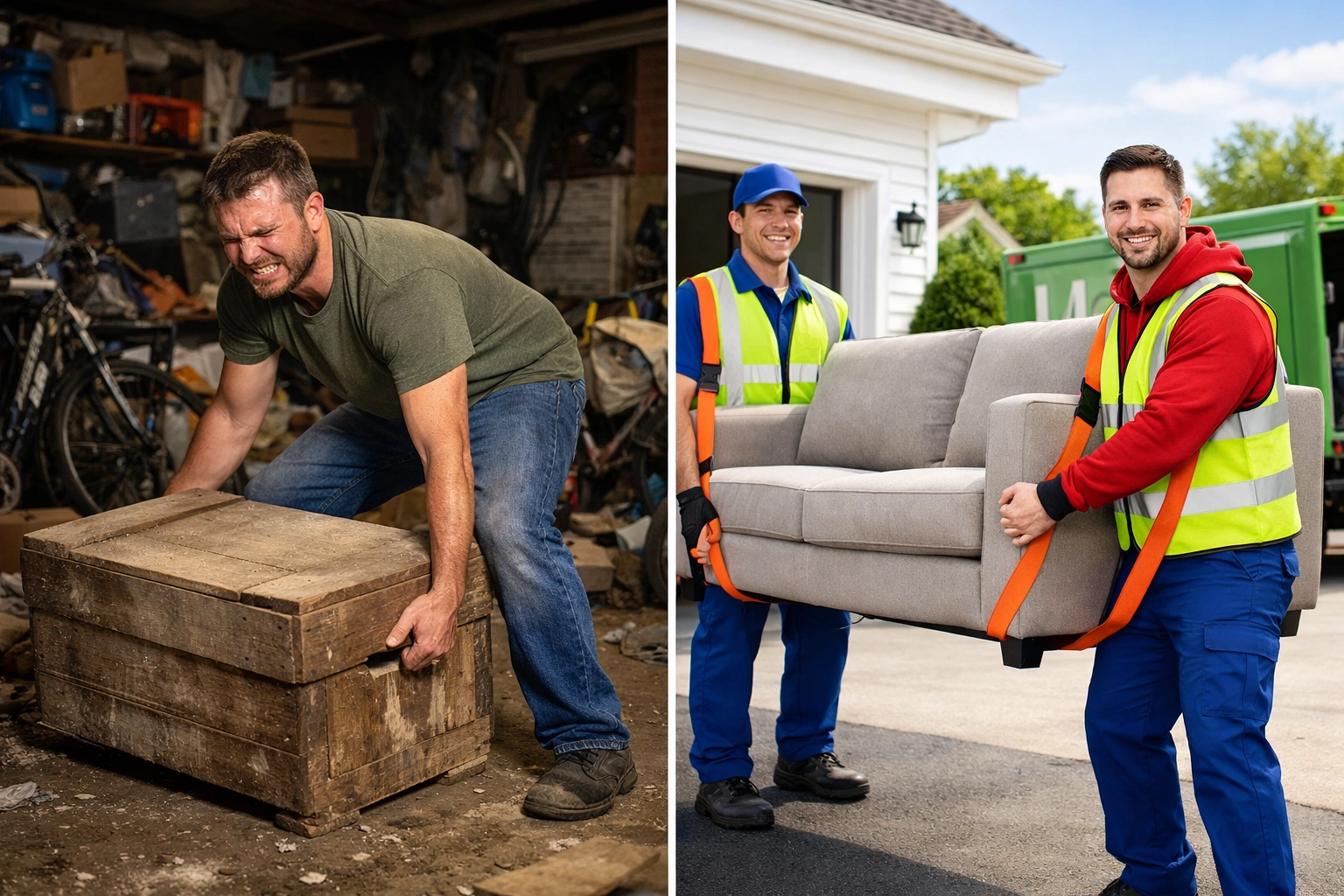 Homeowner struggling with DIY vs professional junk removal in Innisfil showing safe lifting techniques.