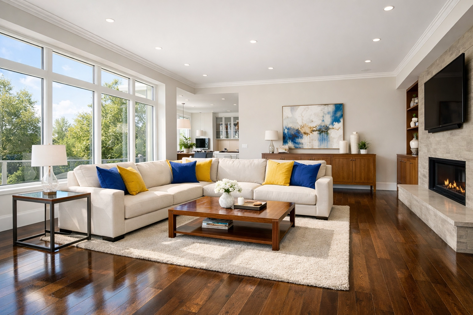 Sunlit living room with spotless hardwood floors from a professional deep cleaning in Southborough.