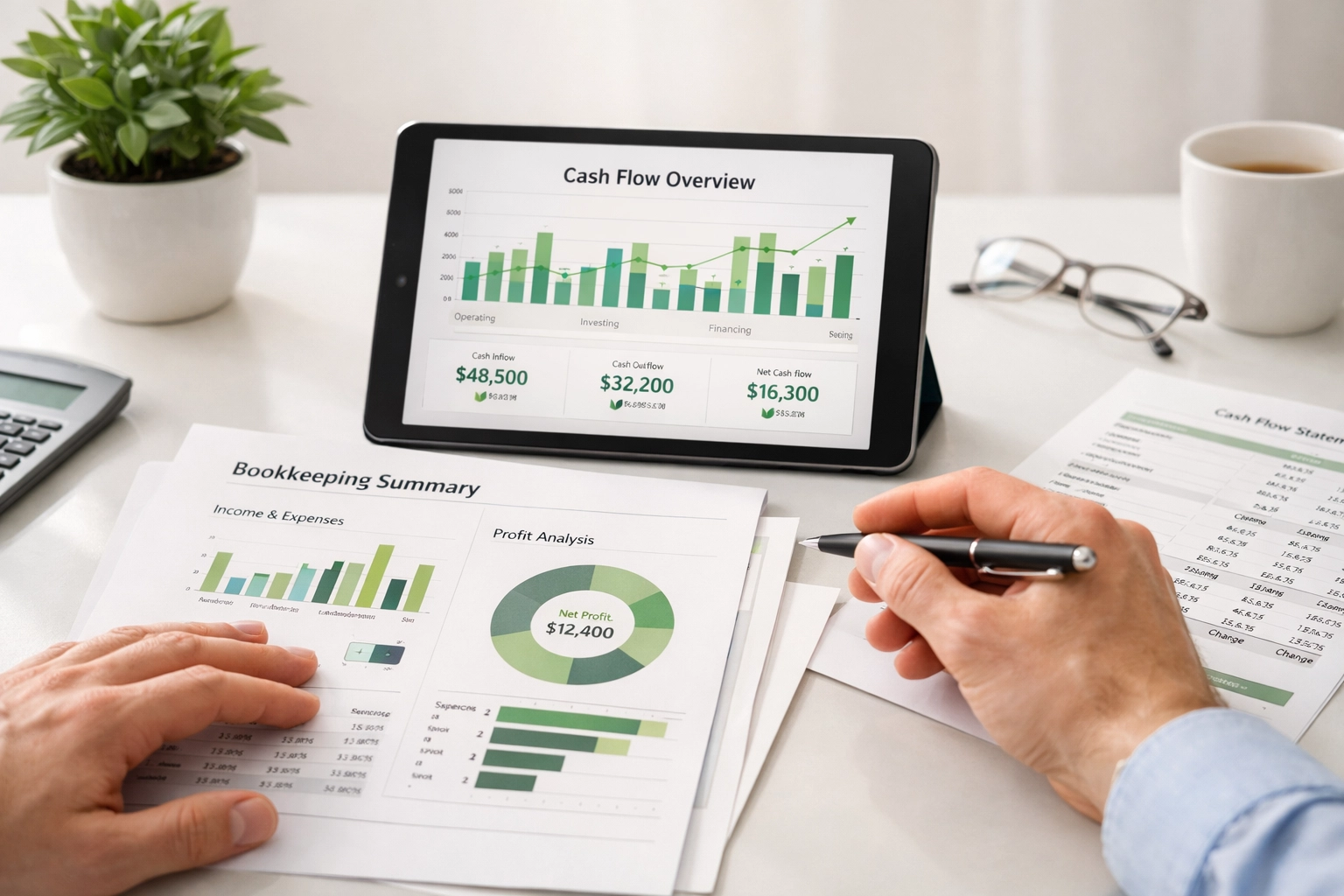 Tablet and financial reports on a clean desk showing cash flow and bookkeeping metrics under natural light.