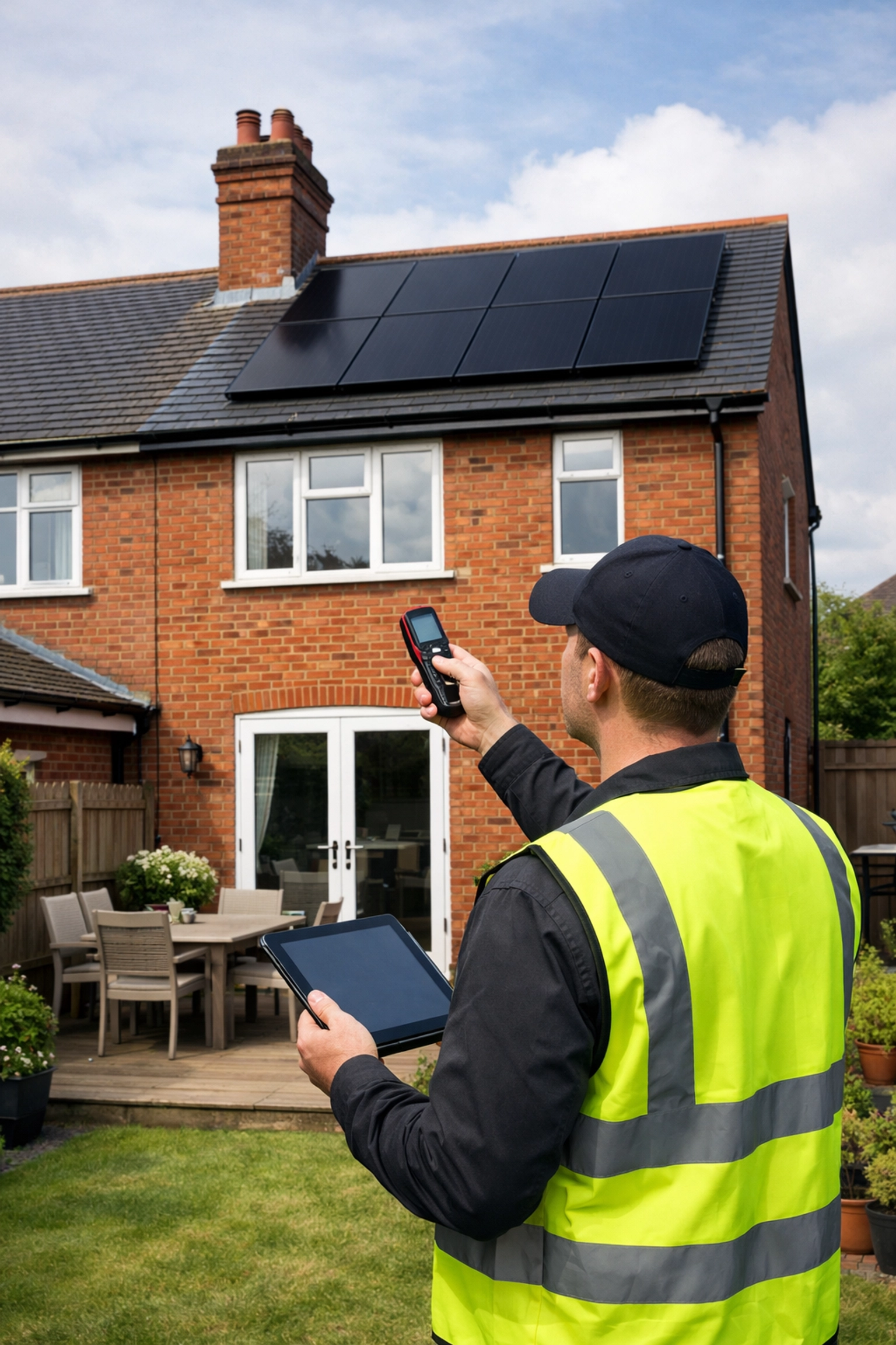 A professional solar installer conducting a technical site survey at a UK home with black solar panels.