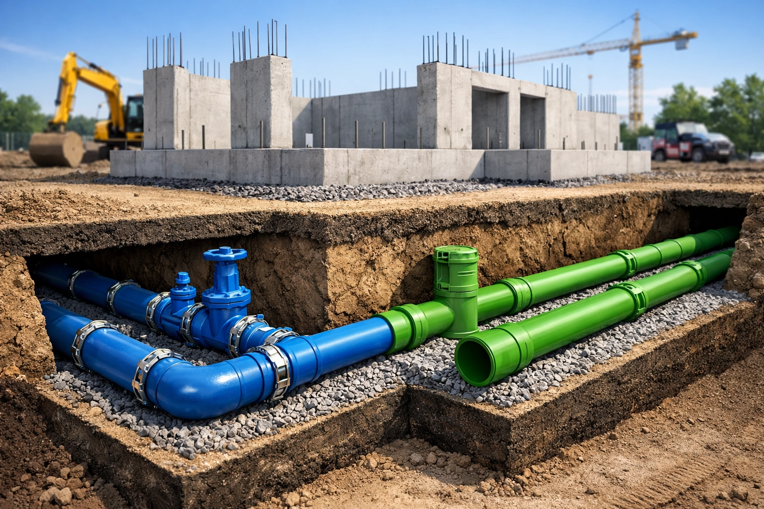 Underground site servicing showing water mains and sanitary sewer pipes for a new multiplex development.