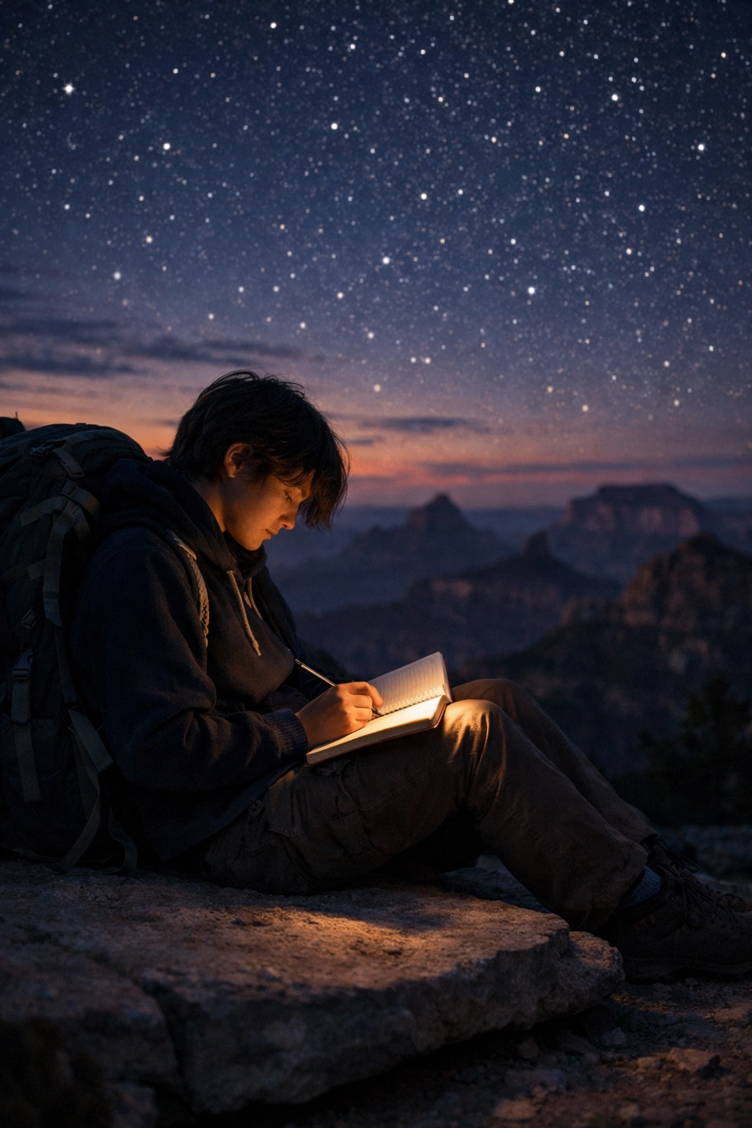 A student writing in a journal at the Grand Canyon North Rim, reflecting on their educational service trip.