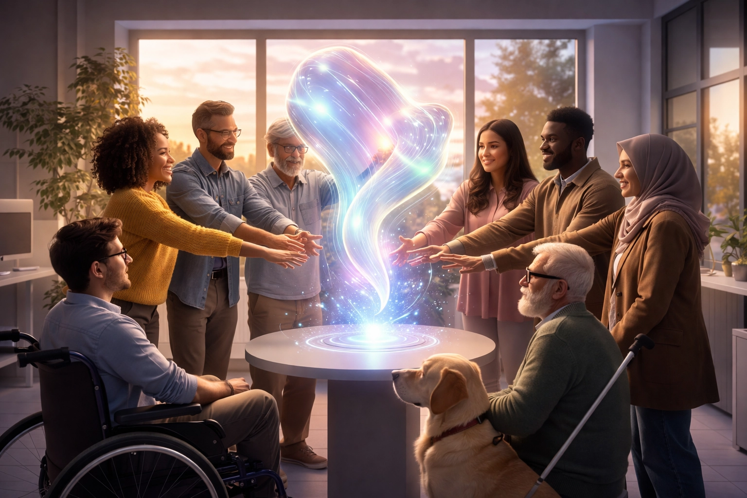 Diverse group collaborating around a glowing AI system, highlighting human-centered AI and dignity.