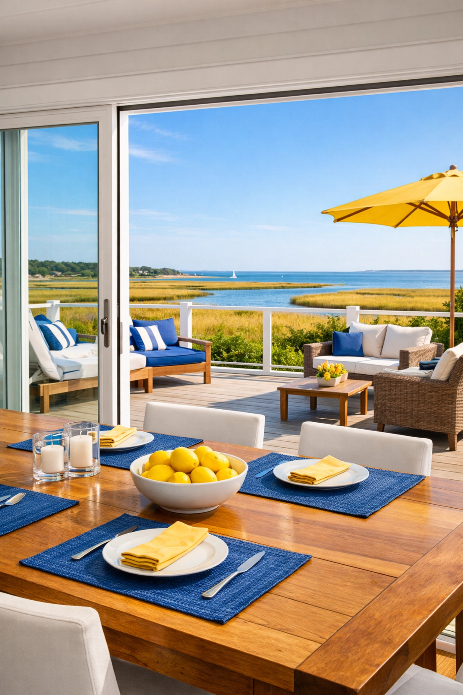 Clean Wellfleet dining room with streak-free glass doors overlooking the serene Cape Cod marshes.