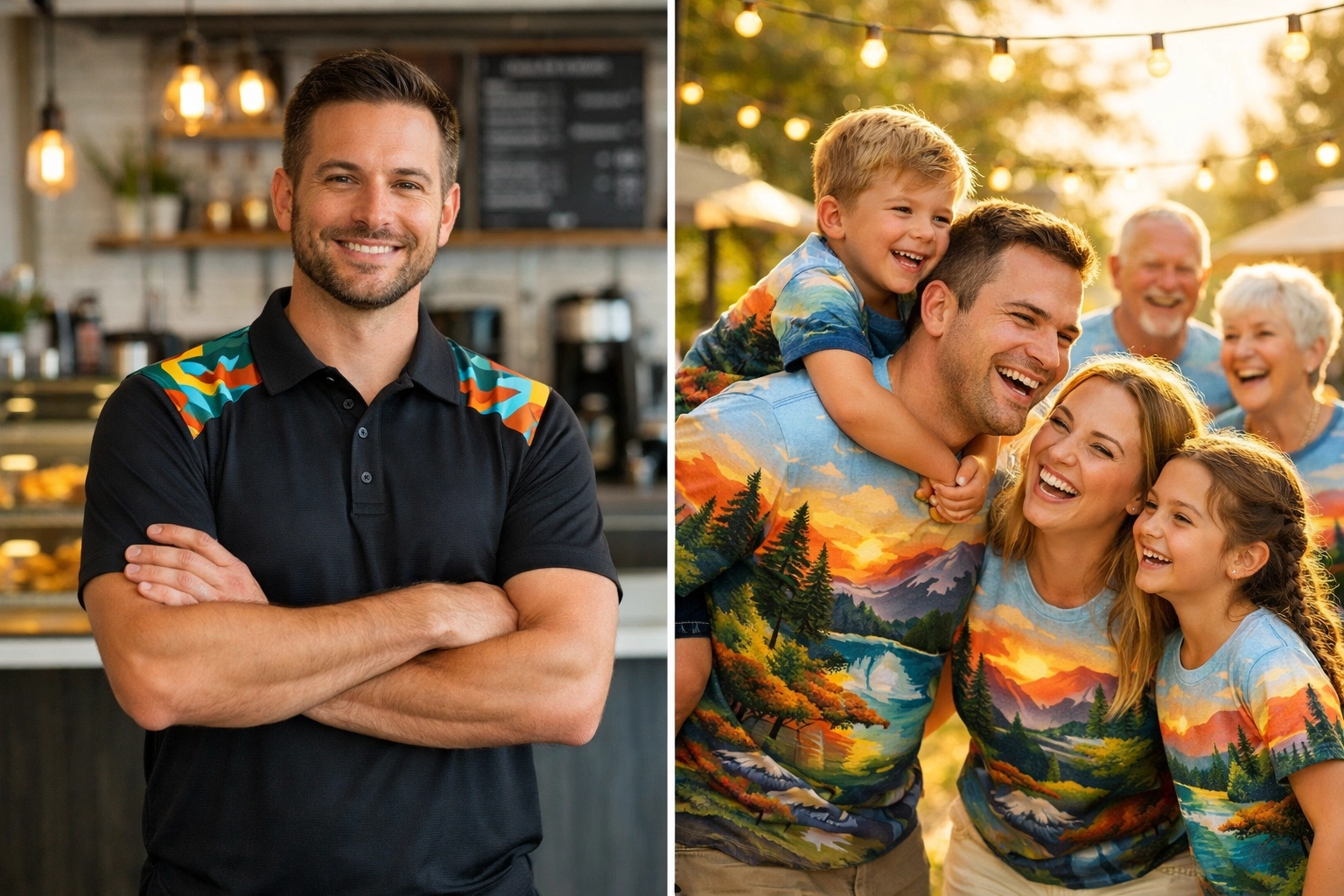 Custom sublimated business polo and personalized family reunion shirts demonstrating versatile apparel options.
