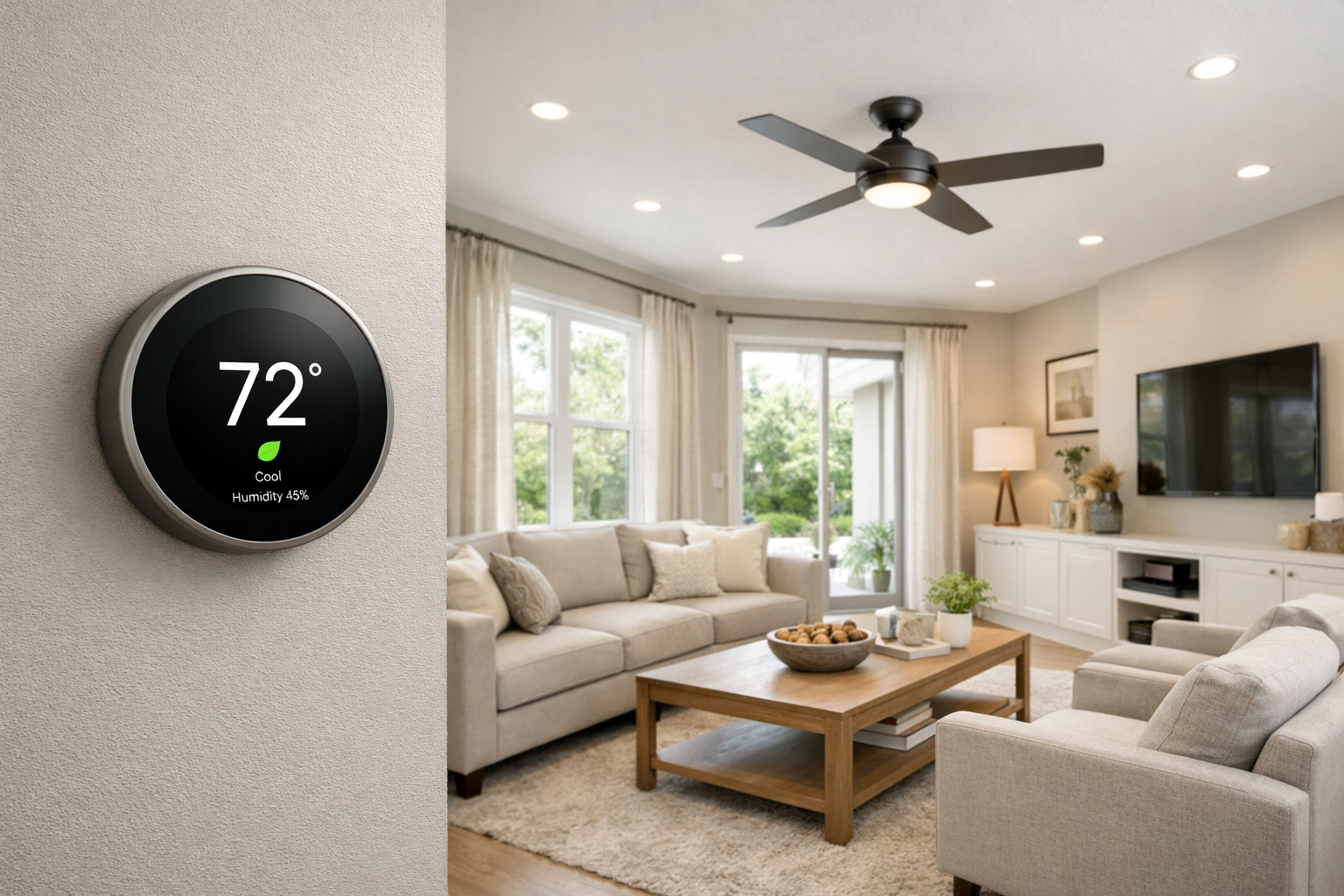 Energy-efficient Orlando living room with smart thermostat and modern climate control features