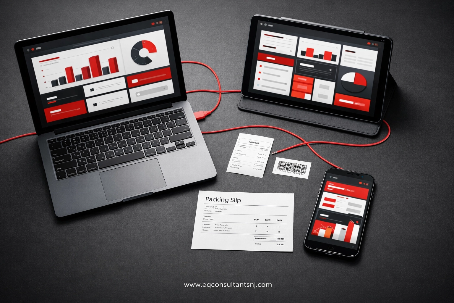 Connected devices showing integrated screen printing software and QuickBooks for automated shop management.