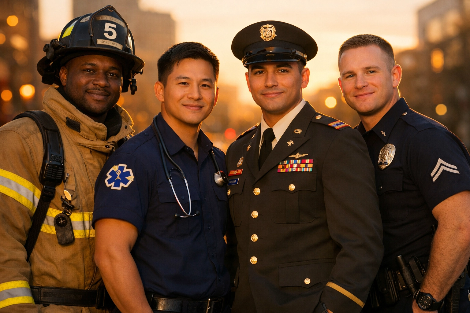 Diverse LGBTQ+ uniformed professionals including firefighters, paramedics, and military officers standing together