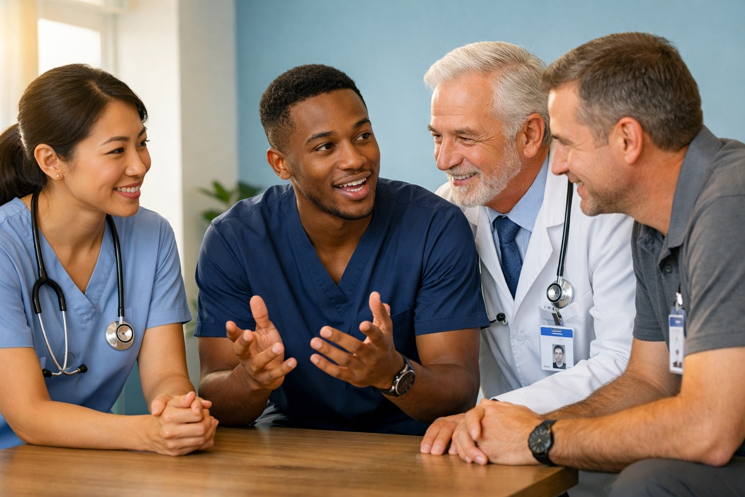 Healthcare team practicing psychological safety and open communication in a clinical setting.