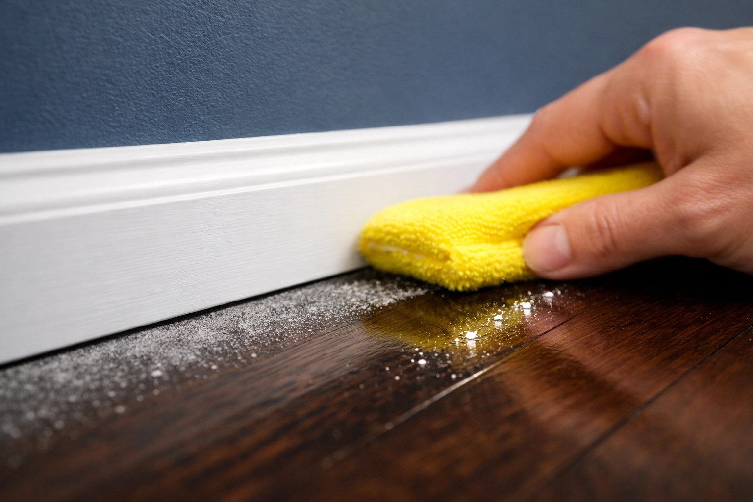 Professional cleaners MA dusting white baseboards and hardwood floors during a residential cleaning service.