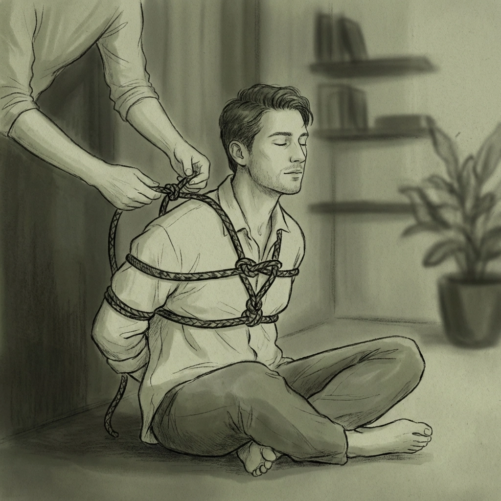 Two men in intimate Shibari rope scene showing trust and vulnerability in gay romance