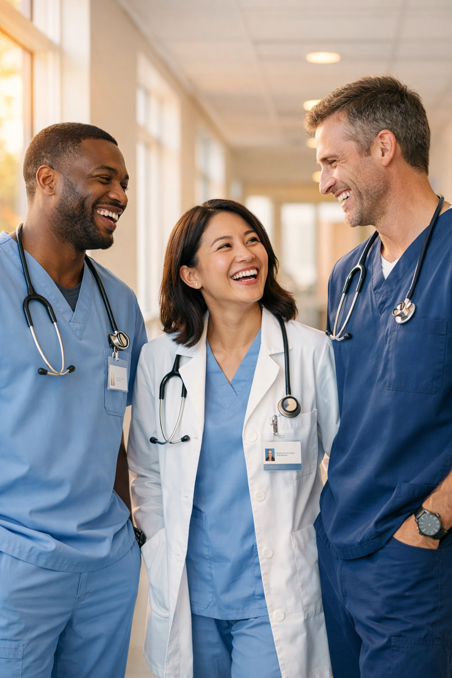 A diverse medical team smiling during a shift change, highlighting a positive healthcare workplace culture.