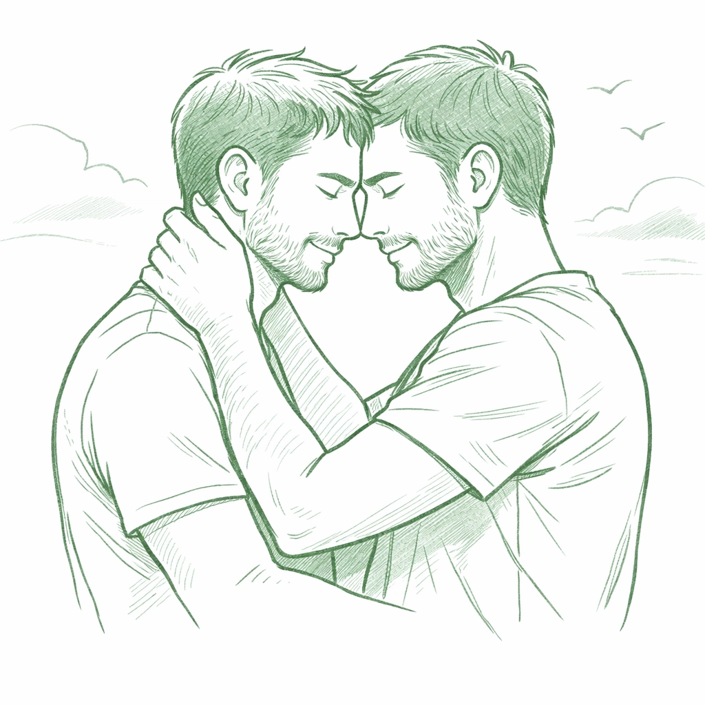 Two men in intimate embrace representing authentic gay love stories and MM romance freedom