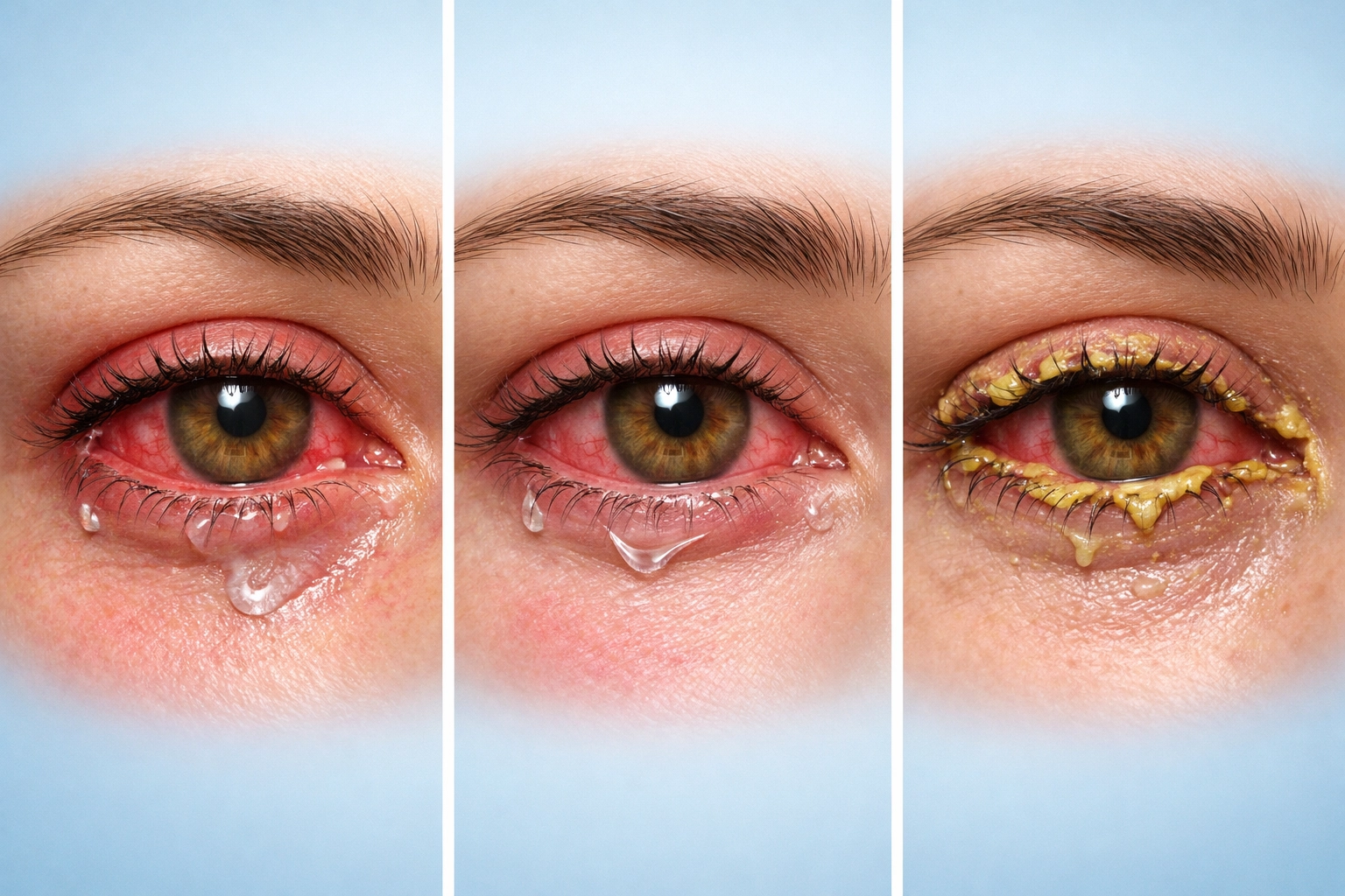 Comparison of pink eye vs allergies vs bacterial infection showing eye symptoms and discharge types
