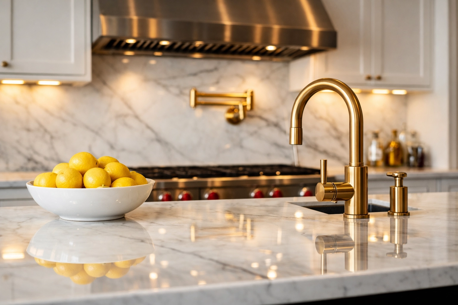 Sparkling clean kitchen with polished marble countertops and professional detailing.